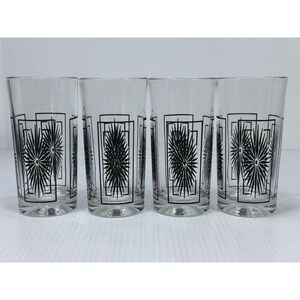 4 Vintage Atomic Mid Century Modern‎ Black Starburst Drinking Glass Tumbler